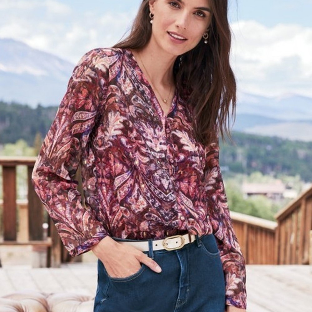 Soft Surroundings Tasha Sheer Paisley Button Front Blouse Detachable Cami XL